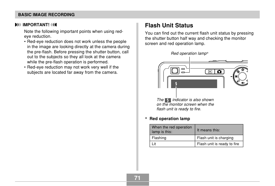 Flash unit status, 71 flash unit status | Casio EX-Z10 User Manual | Page 71 / 242