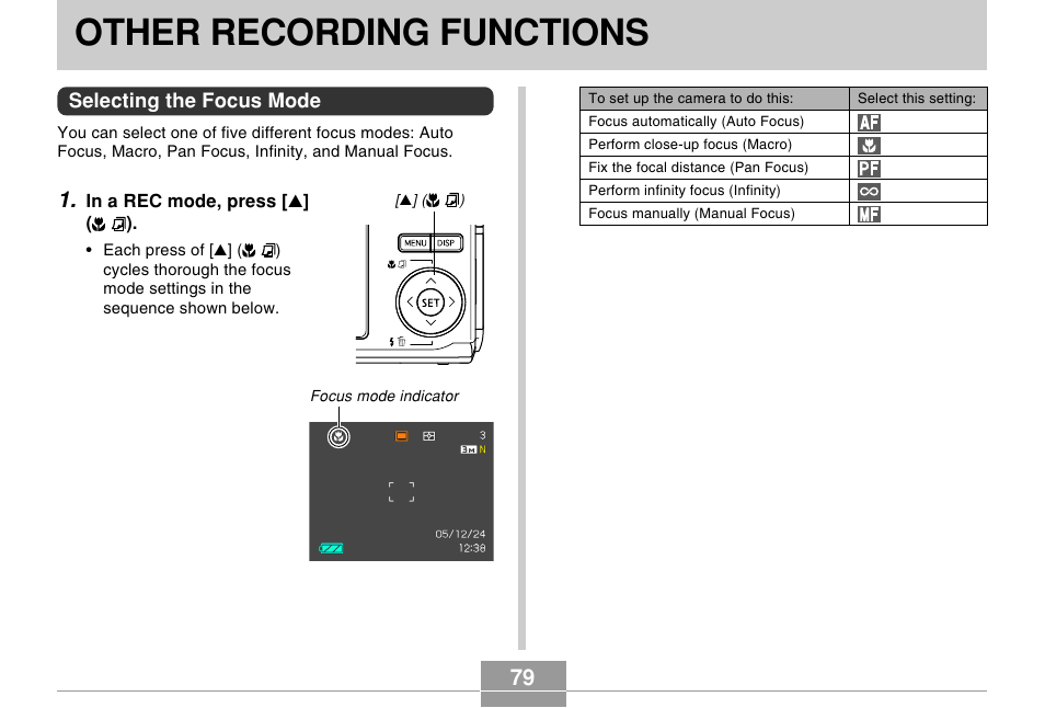 Other recording functions, Selecting the focus mode | Casio EX-Z10 User Manual | Page 79 / 242