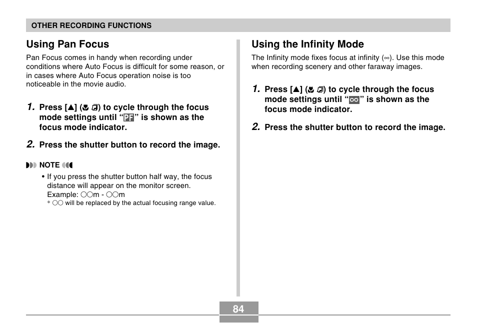 Using pan focus, Using the infinity mode | Casio EX-Z10 User Manual | Page 84 / 242