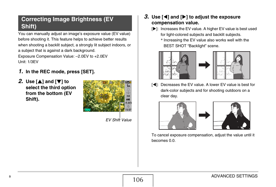 Correcting image brightness (ev shift), Ge 106) | Casio EX-Z65 User Manual | Page 106 / 233