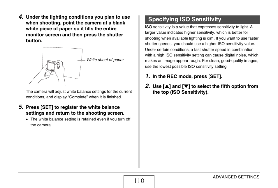 Specifying iso sensitivity, E 110) | Casio EX-Z65 User Manual | Page 110 / 233
