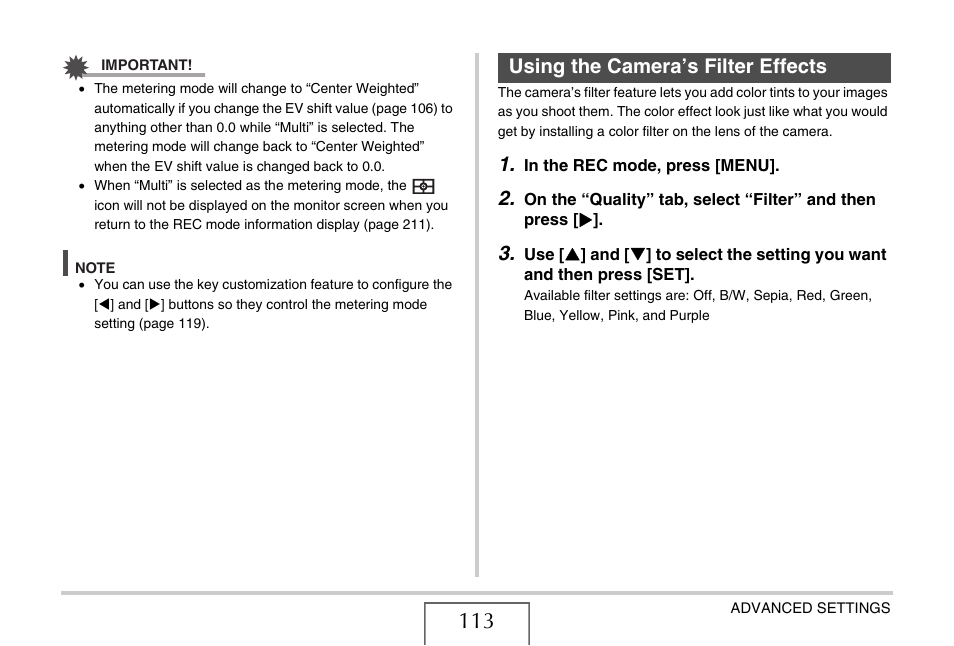 Using the camera’s filter effects | Casio EX-Z65 User Manual | Page 113 / 233