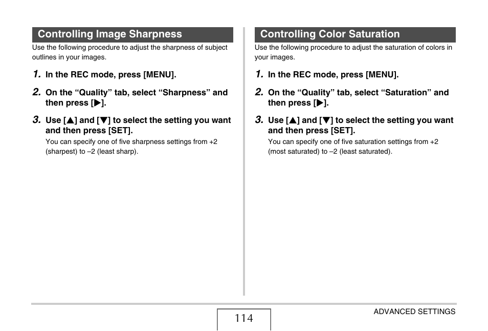 Controlling image sharpness, Controlling color saturation | Casio EX-Z65 User Manual | Page 114 / 233