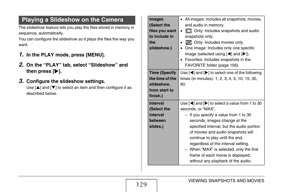 Playing a slideshow on the camera | Casio EX-Z65 User Manual | Page 129 / 233