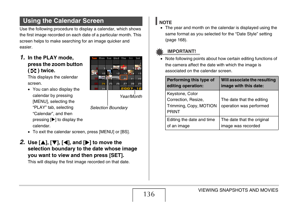 Using the calendar screen | Casio EX-Z65 User Manual | Page 136 / 233