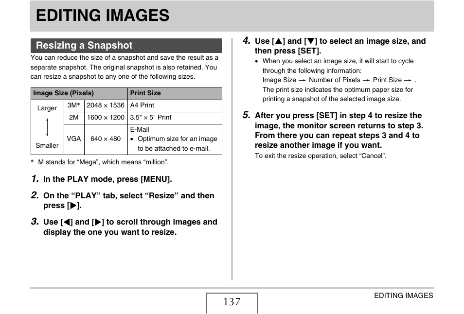 Editing images, Resizing a snapshot | Casio EX-Z65 User Manual | Page 137 / 233