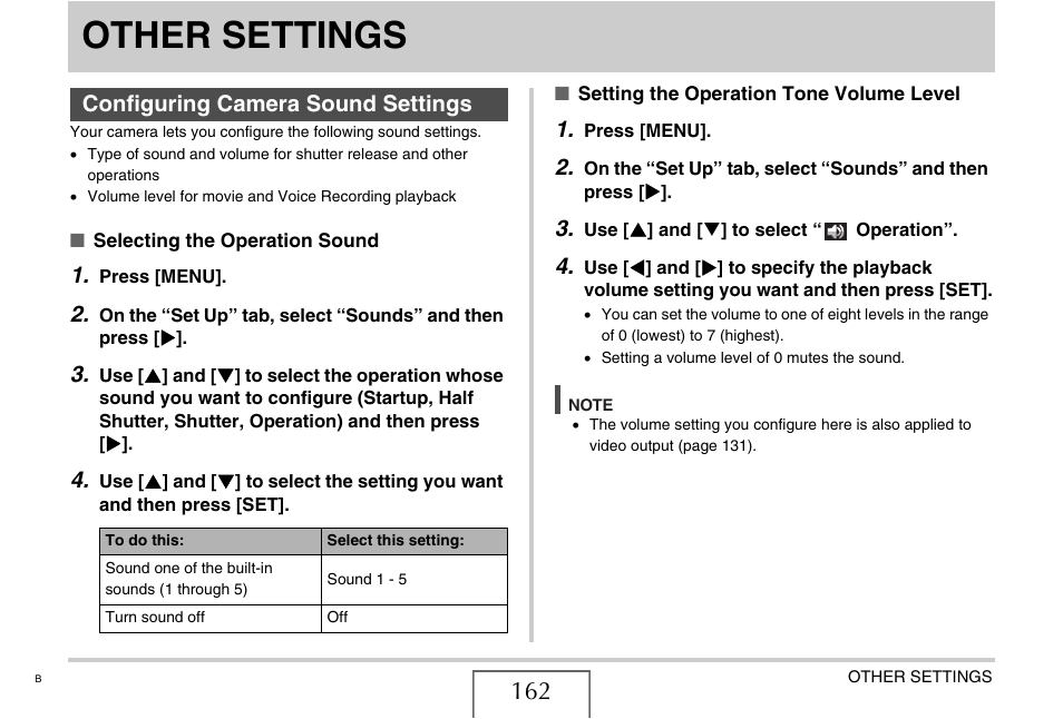 Other settings, Configuring camera sound settings | Casio EX-Z65 User Manual | Page 162 / 233