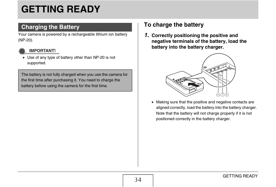 Getting ready, Charging the battery, To charge the battery | Casio EX-Z65 User Manual | Page 34 / 233