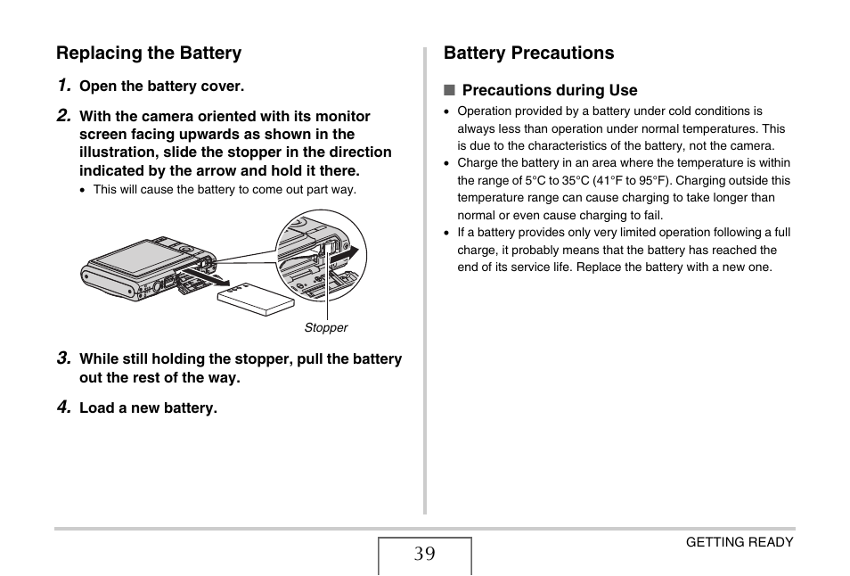 Replacing the battery, Battery precautions, Replacing the battery 1 | Casio EX-Z65 User Manual | Page 39 / 233