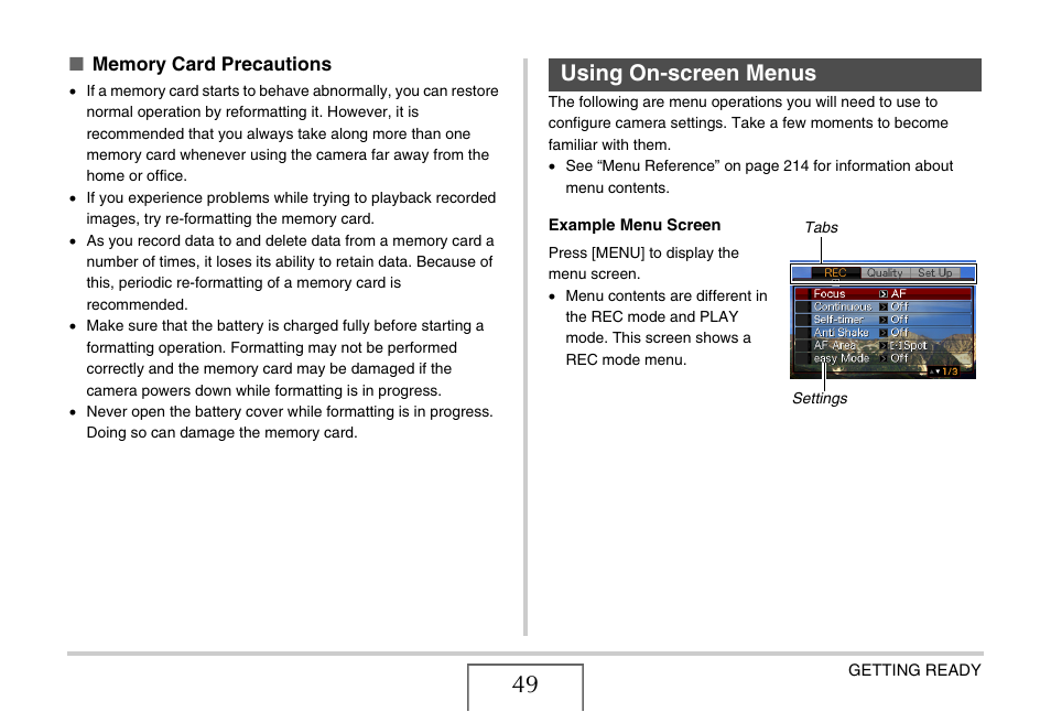 Using on-screen menus | Casio EX-Z65 User Manual | Page 49 / 233