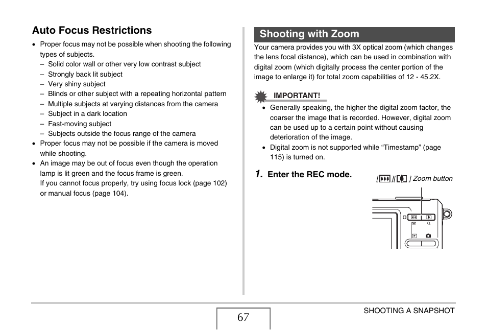 Auto focus restrictions, Shooting with zoom | Casio EX-Z65 User Manual | Page 67 / 233