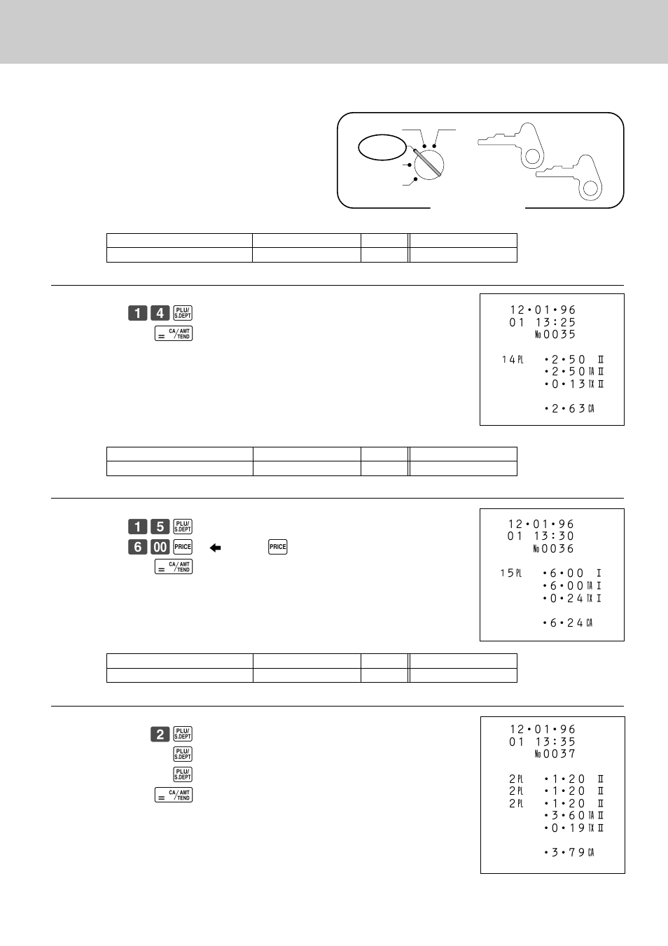 Registering plus and sub-departments, Mode switch, Operation receipt ⁄› p c | Operation receipt ⁄fi p fl— q, Operation receipt ¤ p p p c | Casio CE-2400 User Manual | Page 35 / 88