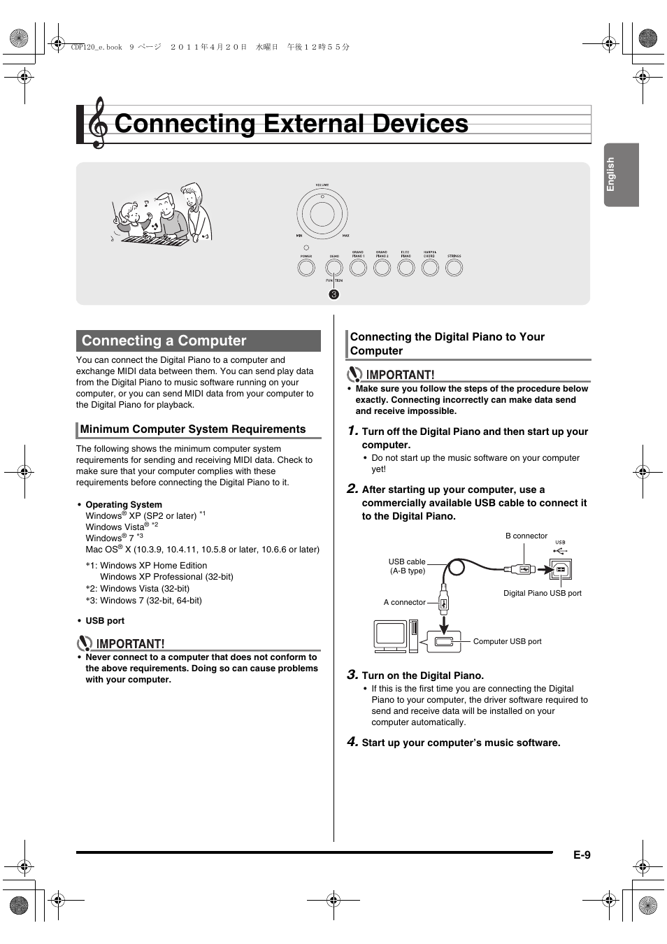 Connecting external devices, Connecting a computer | Casio CDP-120 User Manual | Page 11 / 18