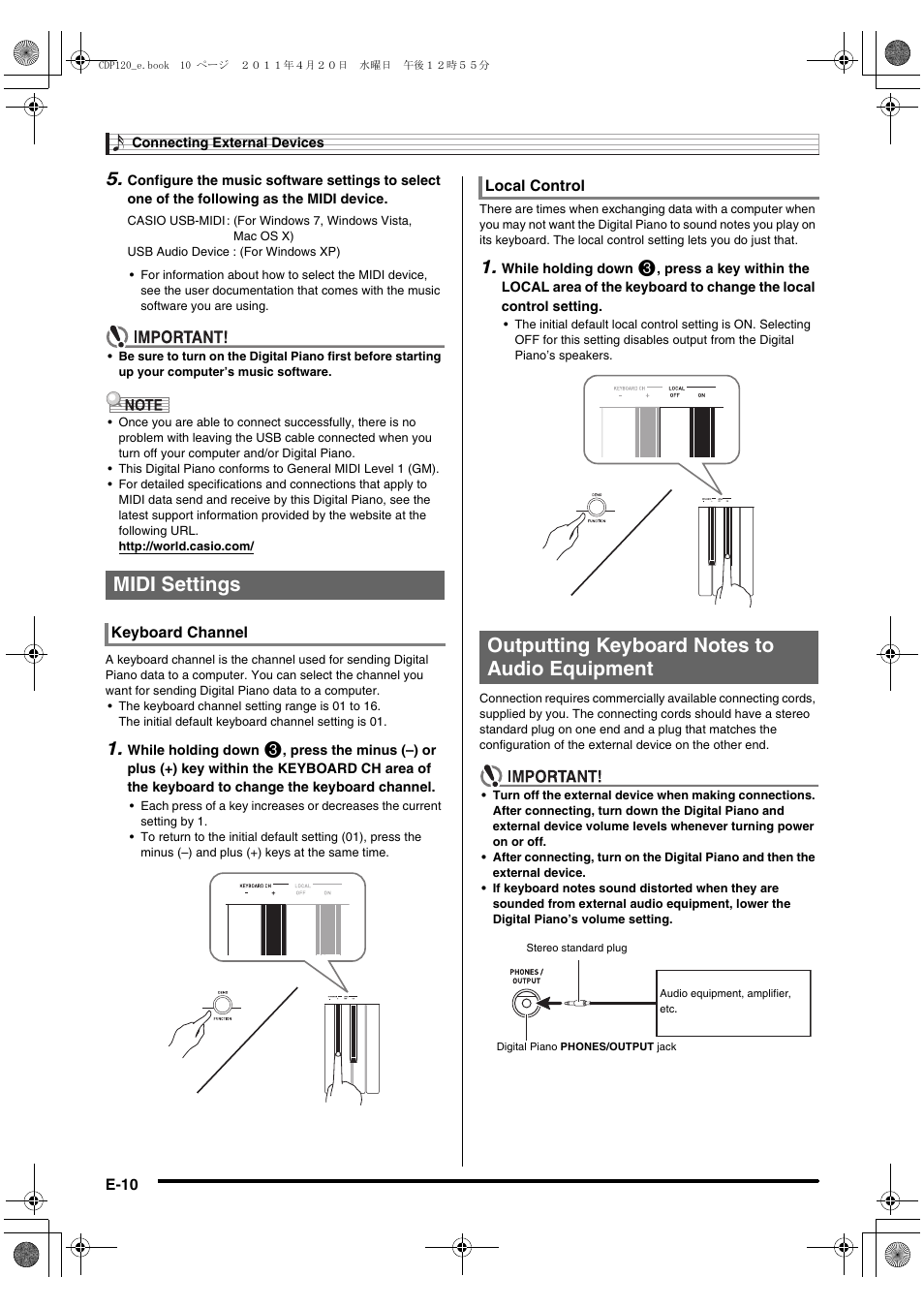 Midi settings | Casio CDP-120 User Manual | Page 12 / 18