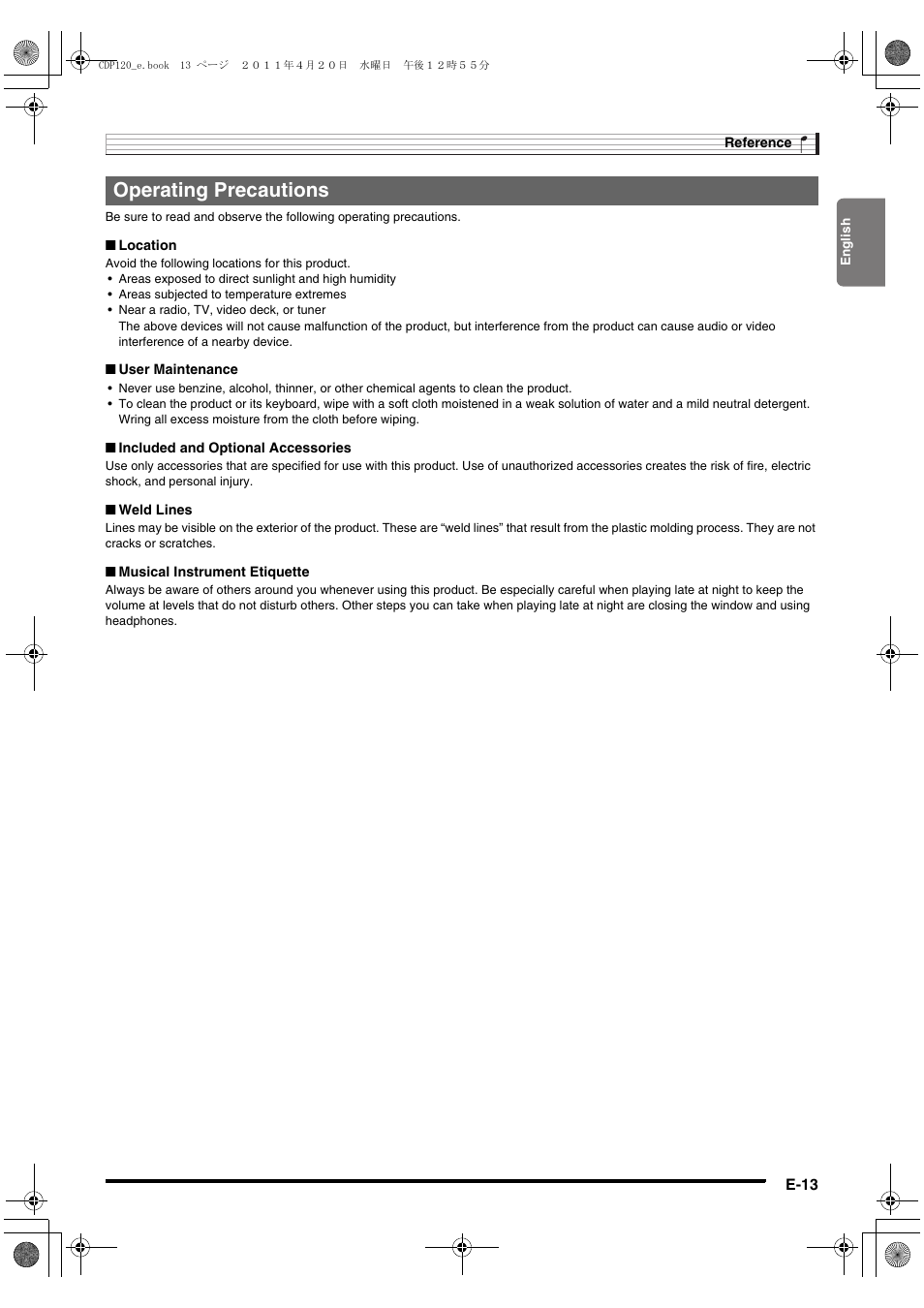 Operating precautions | Casio CDP-120 User Manual | Page 15 / 18