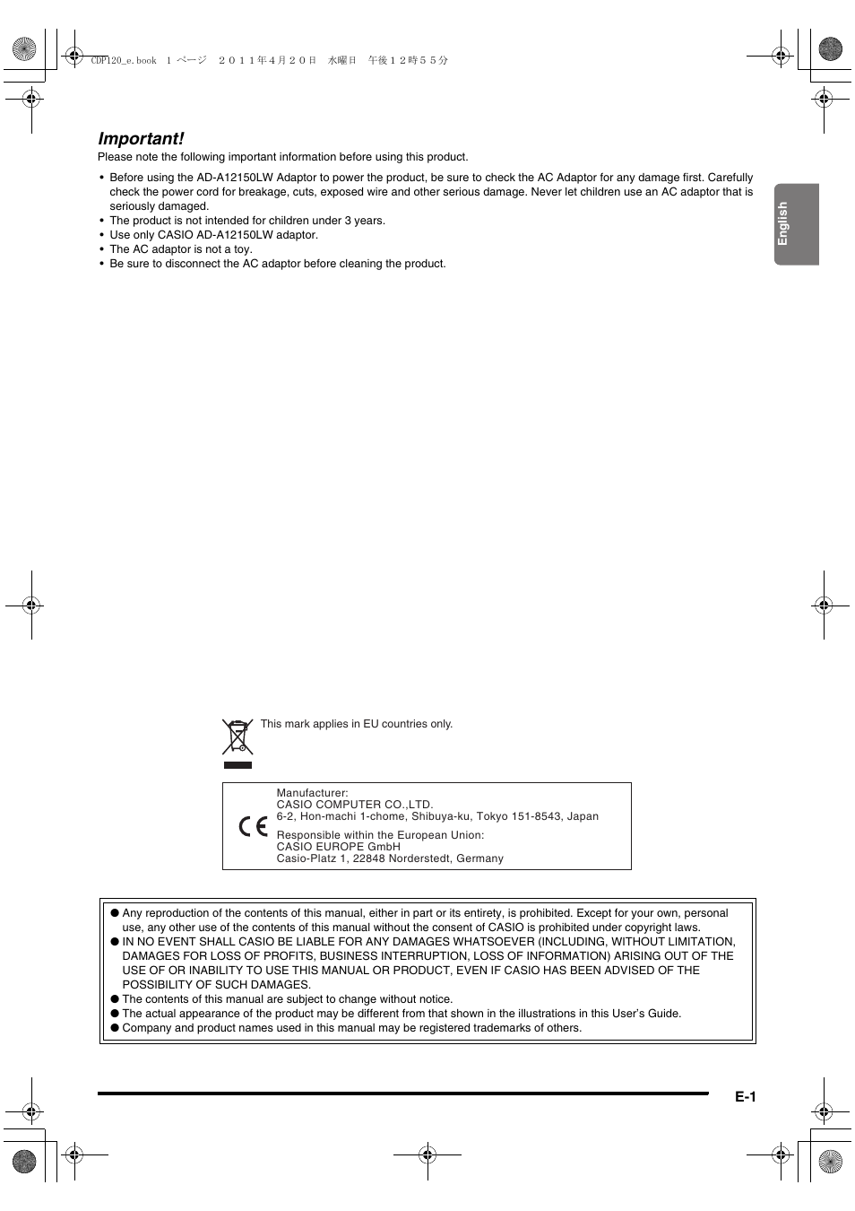 Important | Casio CDP-120 User Manual | Page 3 / 18