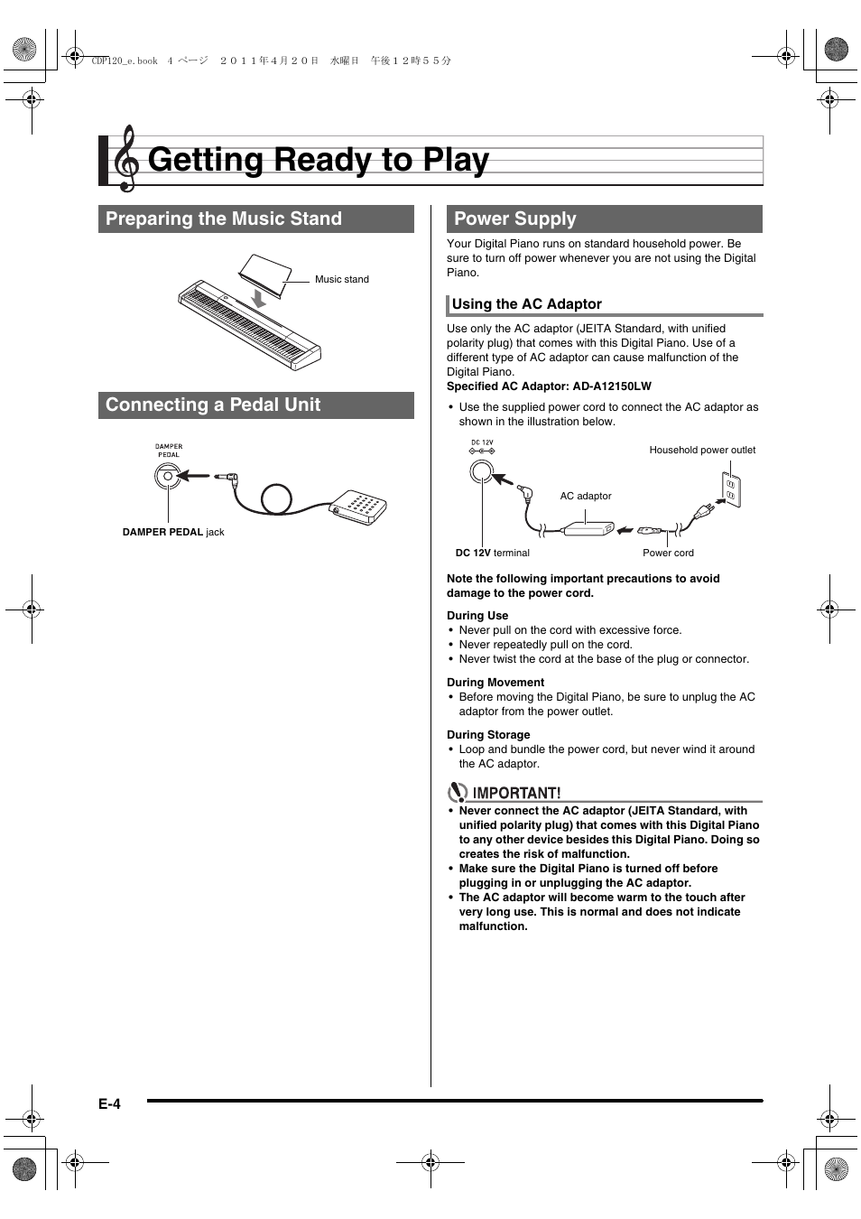 Getting ready to play, Preparing the music stand connecting a pedal unit, Power supply | Casio CDP-120 User Manual | Page 6 / 18