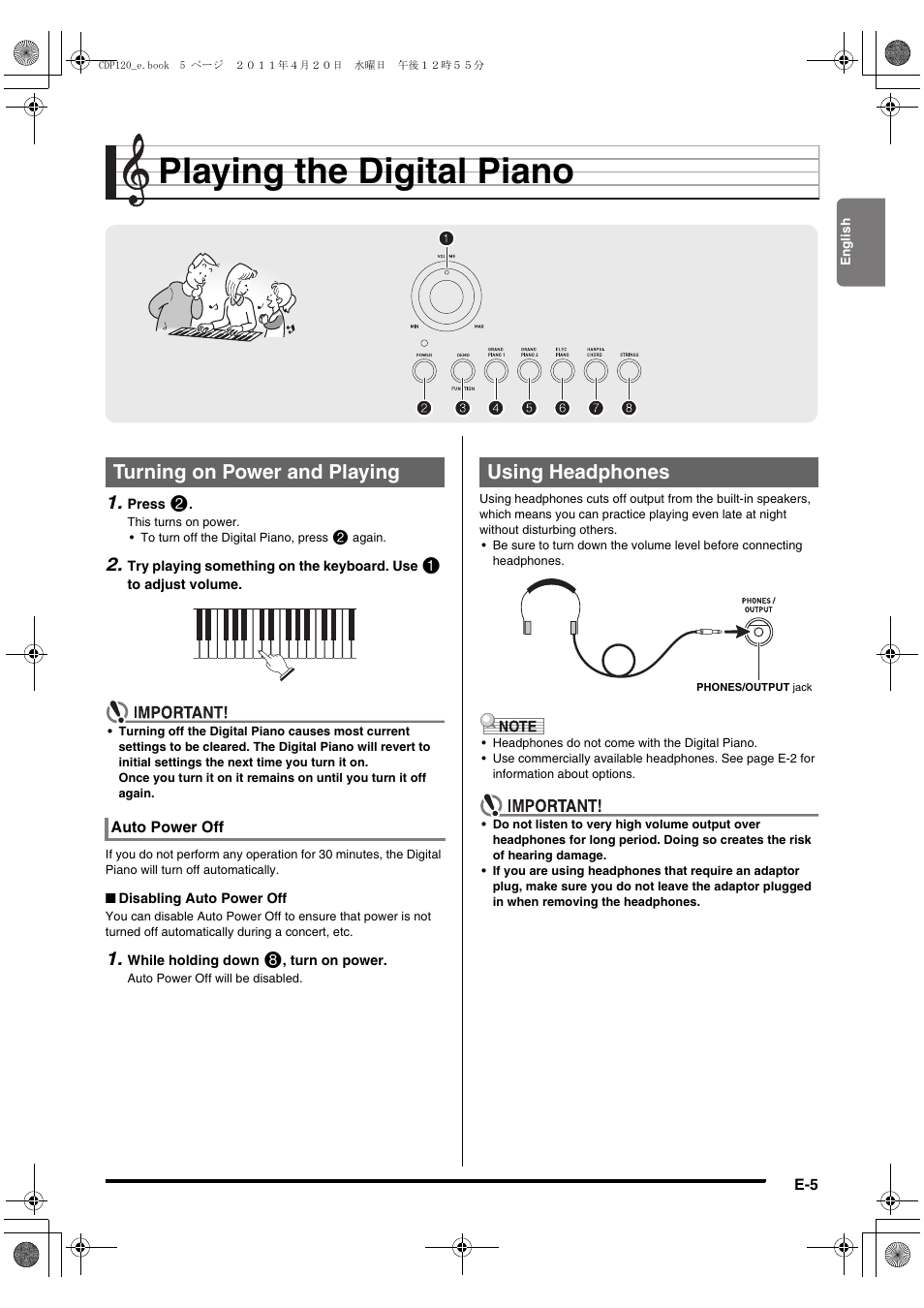 Playing the digital piano, Turning on power and playing, Using headphones | Casio CDP-120 User Manual | Page 7 / 18