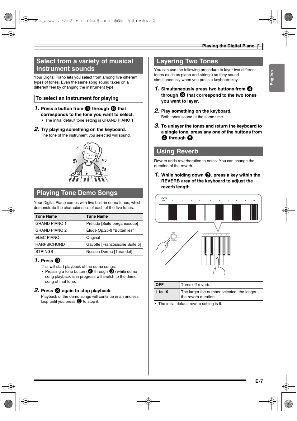 Select from a variety of musical instrument sounds, Playing tone demo songs, Layering two tones using reverb | Casio CDP-120 User Manual | Page 9 / 18