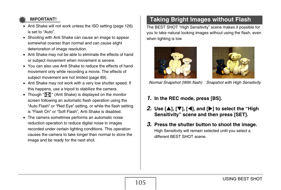 Taking bright images without flash | Casio EX-S770D User Manual | Page 105 / 285