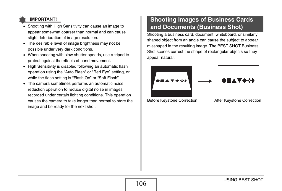 Shooting images of business cards and documents, Business shot) | Casio EX-S770D User Manual | Page 106 / 285