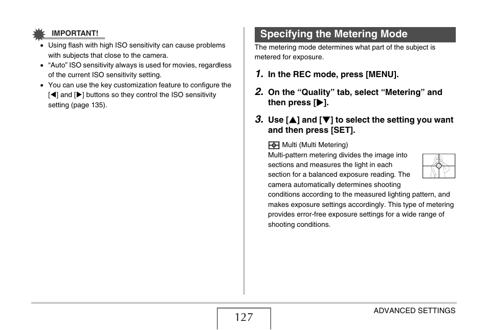 Specifying the metering mode | Casio EX-S770D User Manual | Page 127 / 285