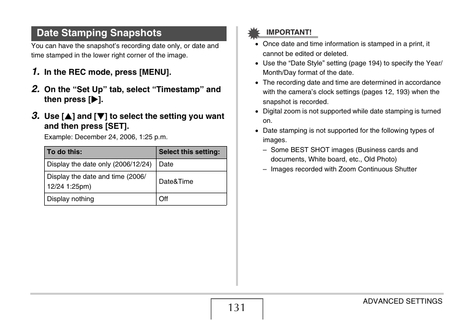 Date stamping snapshots, E 131) | Casio EX-S770D User Manual | Page 131 / 285