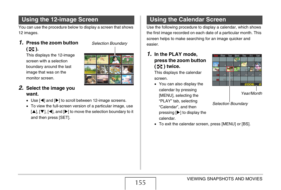 Using the 12-image screen, Using the calendar screen | Casio EX-S770D User Manual | Page 155 / 285