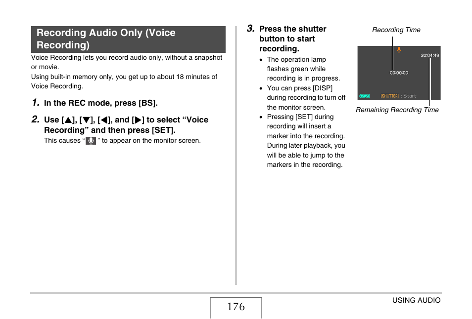 Recording audio only (voice recording) | Casio EX-S770D User Manual | Page 176 / 285