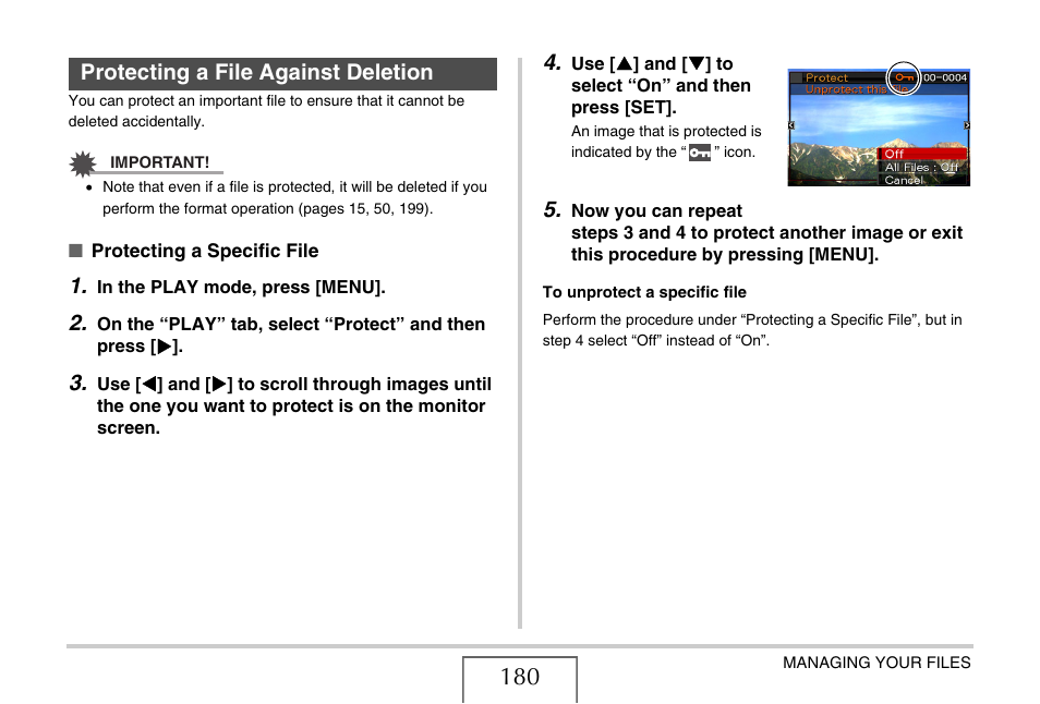 Protecting a file against deletion | Casio EX-S770D User Manual | Page 180 / 285