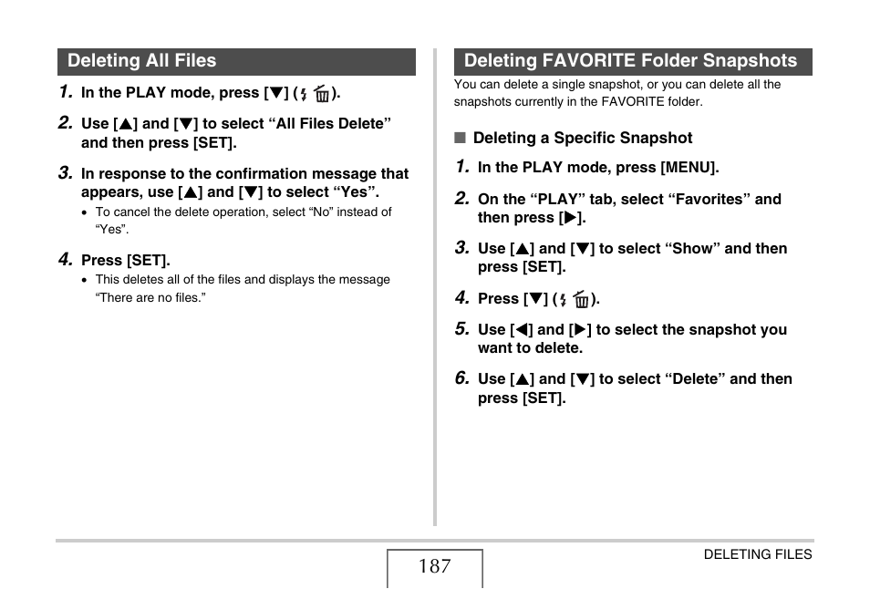 Deleting all files, Deleting favorite folder snapshots | Casio EX-S770D User Manual | Page 187 / 285