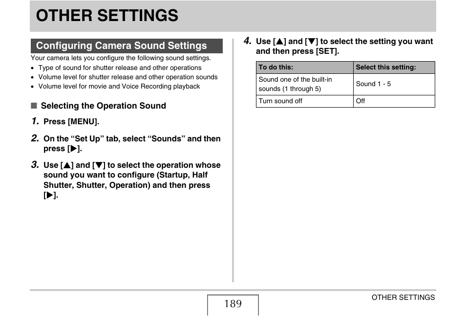 Other settings, Configuring camera sound settings | Casio EX-S770D User Manual | Page 189 / 285