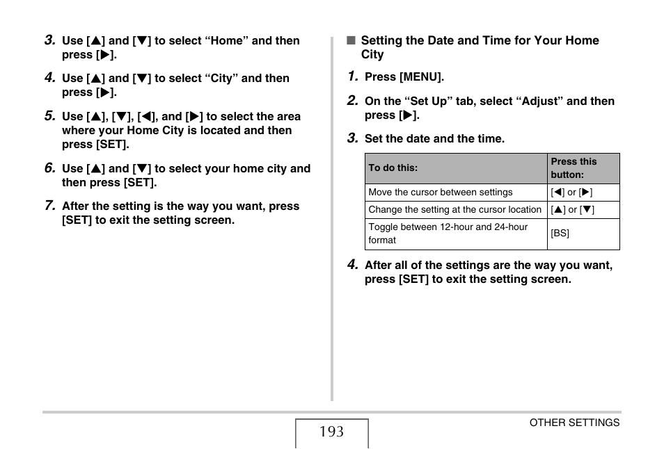 Setting the date, And time for your home city, E 193) | Casio EX-S770D User Manual | Page 193 / 285