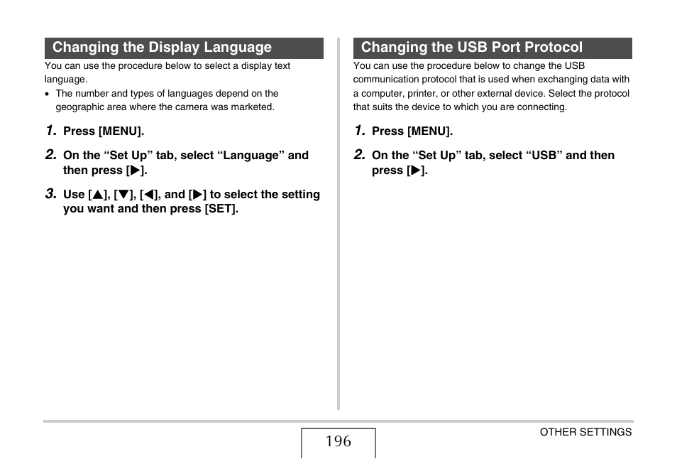 Changing the display language, Changing the usb port protocol | Casio EX-S770D User Manual | Page 196 / 285