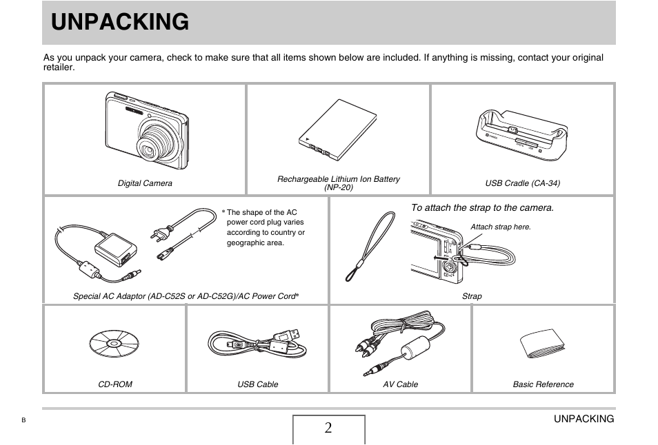 Unpacking | Casio EX-S770D User Manual | Page 2 / 285