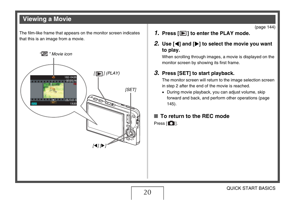 Viewing a movie | Casio EX-S770D User Manual | Page 20 / 285