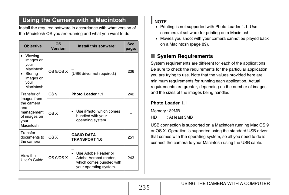 Using the camera with a macintosh, E “using the camera with a macintosh, Using the camera with a | Macintosh, System requirements | Casio EX-S770D User Manual | Page 235 / 285