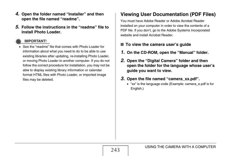 Viewing user documentation (pdf files) | Casio EX-S770D User Manual | Page 243 / 285
