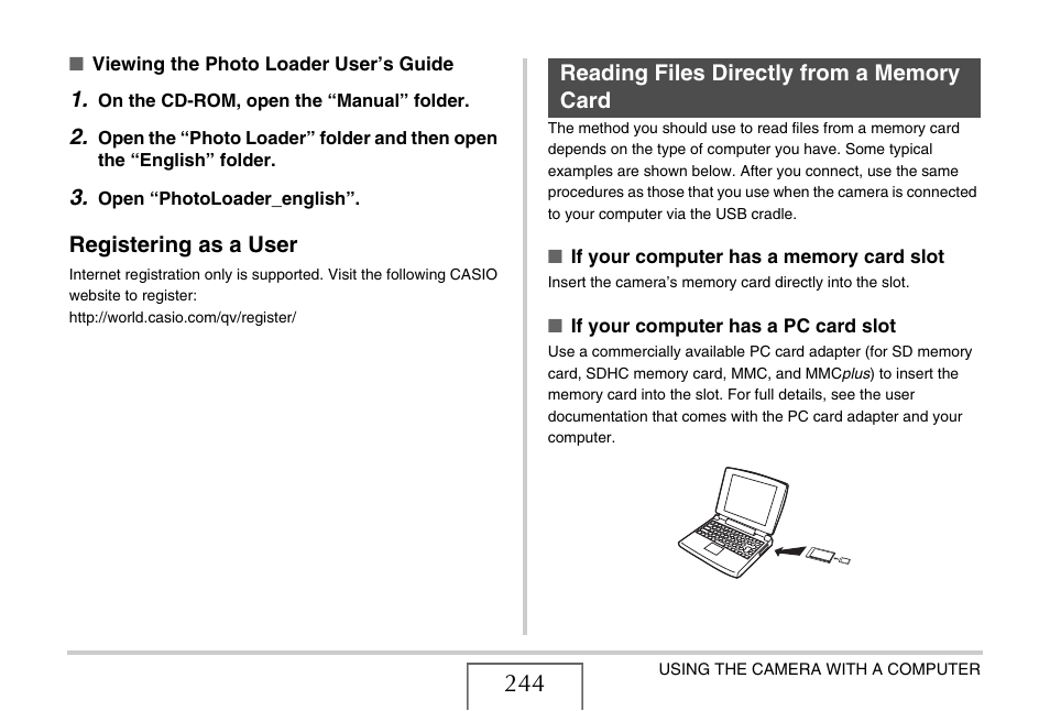 Registering as a user, Reading files directly from a memory card | Casio EX-S770D User Manual | Page 244 / 285