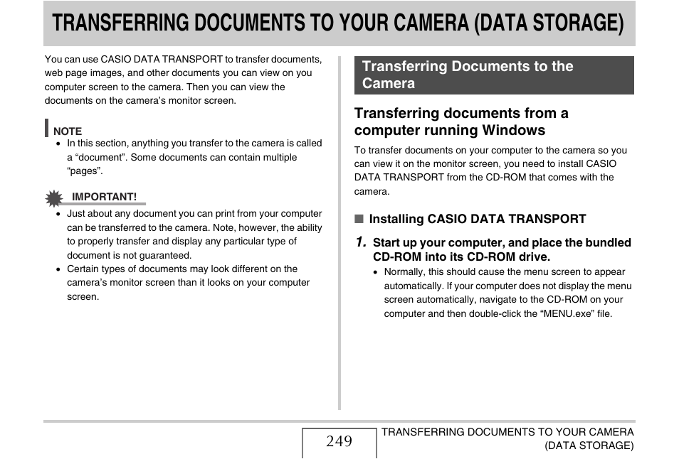 Transferring documents to the camera | Casio EX-S770D User Manual | Page 249 / 285