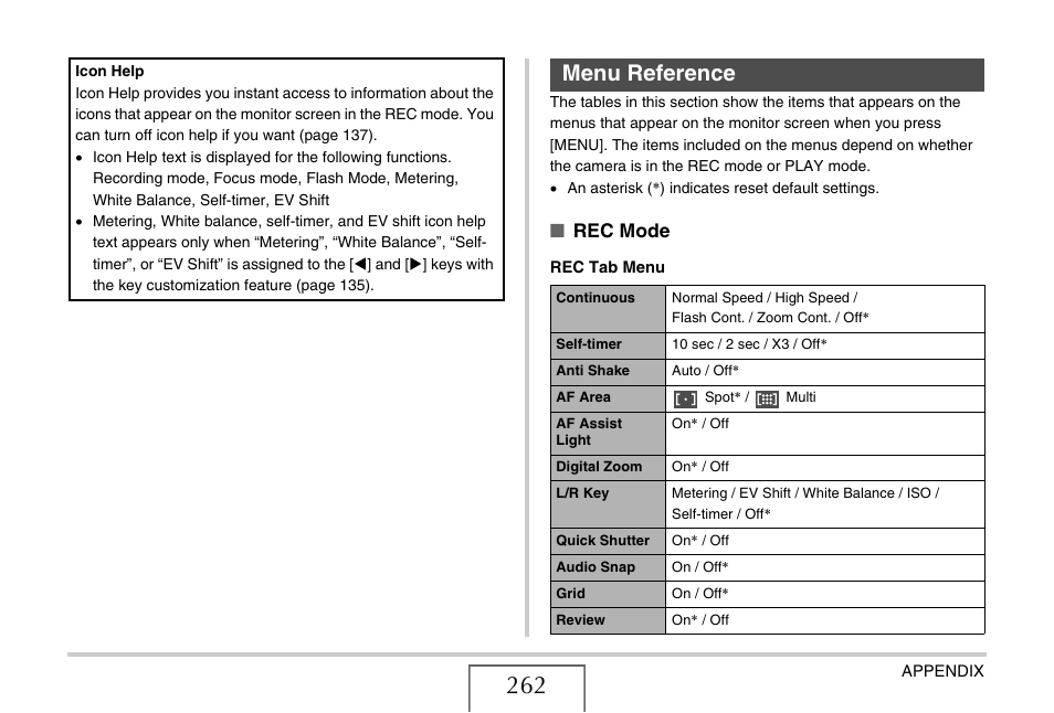 Menu reference, Rec mode | Casio EX-S770D User Manual | Page 262 / 285