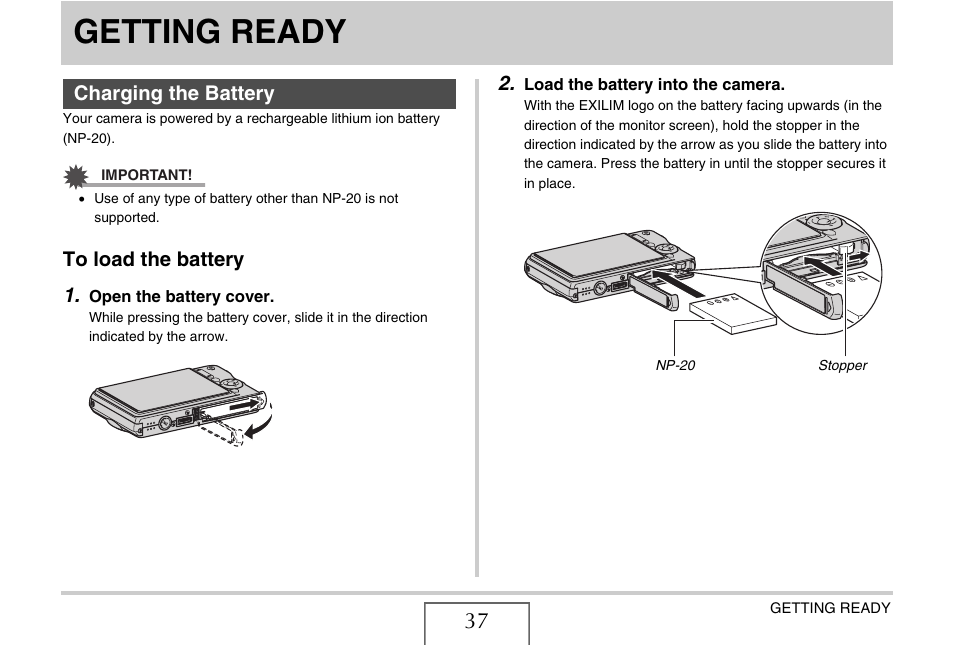 Getting ready, Charging the battery, To load the battery | Casio EX-S770D User Manual | Page 37 / 285
