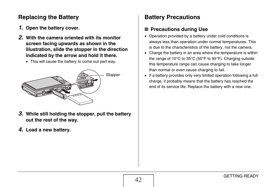 Replacing the battery, Battery precautions, Replacing the battery 1 | Casio EX-S770D User Manual | Page 42 / 285