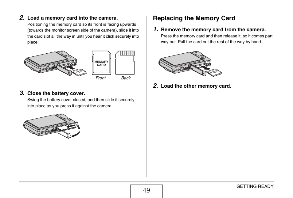 Replacing the memory card | Casio EX-S770D User Manual | Page 49 / 285