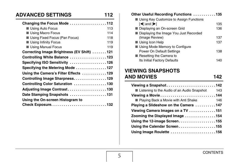 Advanced settings 112, Viewing snapshots and movies 142 | Casio EX-S770D User Manual | Page 5 / 285