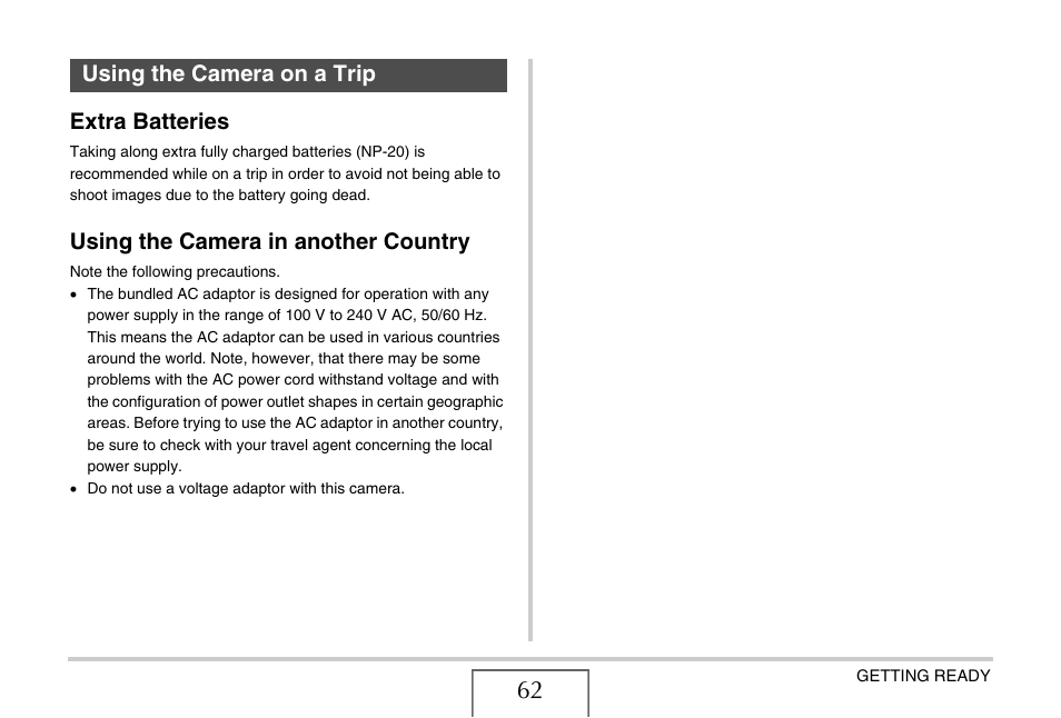 Using the camera on a trip, Extra batteries, Using the camera in another country | Casio EX-S770D User Manual | Page 62 / 285
