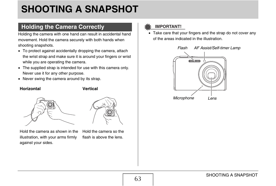Shooting a snapshot, Holding the camera correctly | Casio EX-S770D User Manual | Page 63 / 285