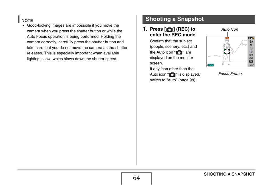 Shooting a snapshot | Casio EX-S770D User Manual | Page 64 / 285