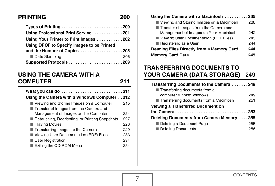 Printing 200, Using the camera with a computer 211 | Casio EX-S770D User Manual | Page 7 / 285