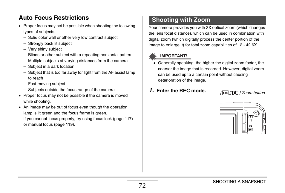 Auto focus restrictions, Shooting with zoom | Casio EX-S770D User Manual | Page 72 / 285